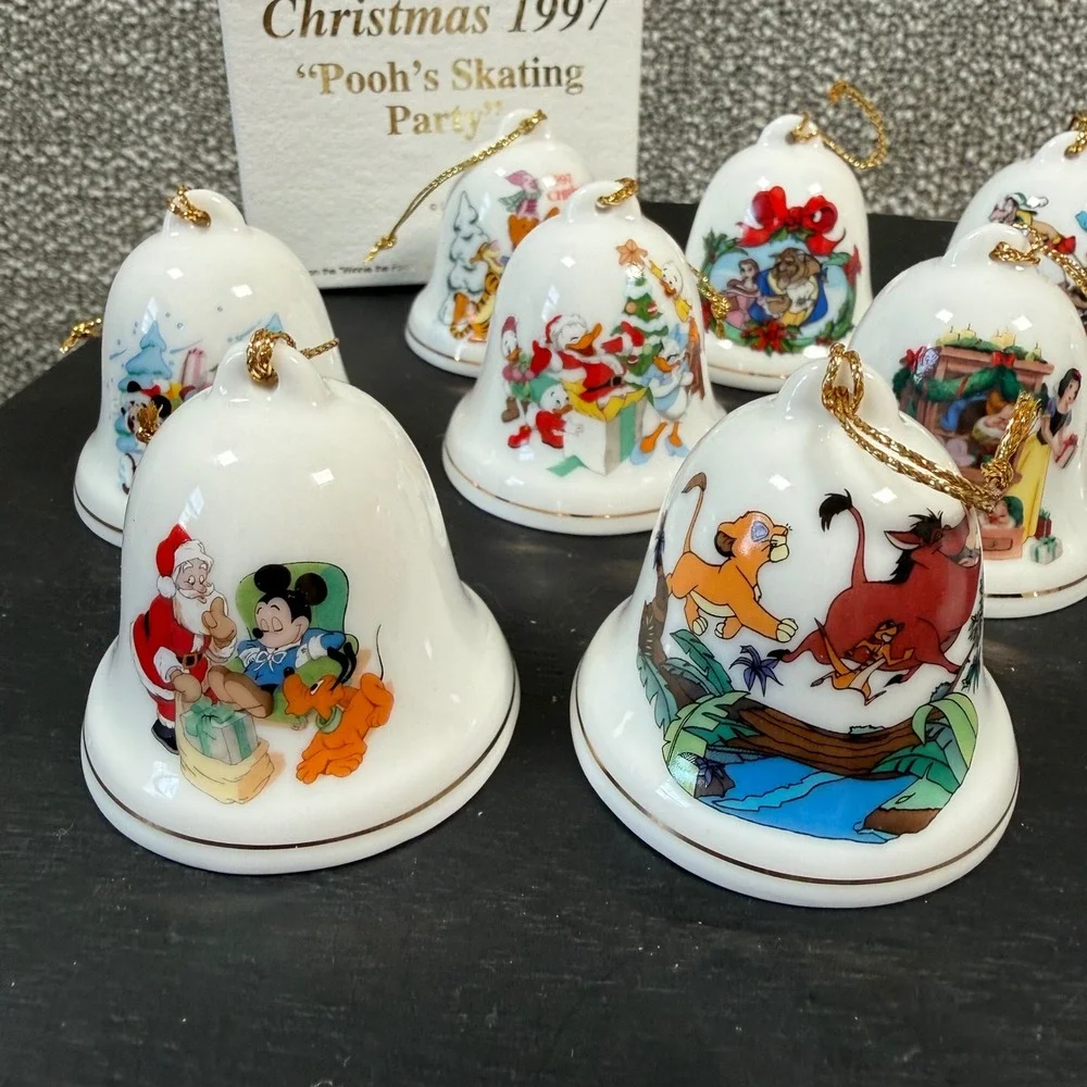 Grolier Disney Christmas 1997 Bell Ornaments Set of 12 White Porcelain Vintage